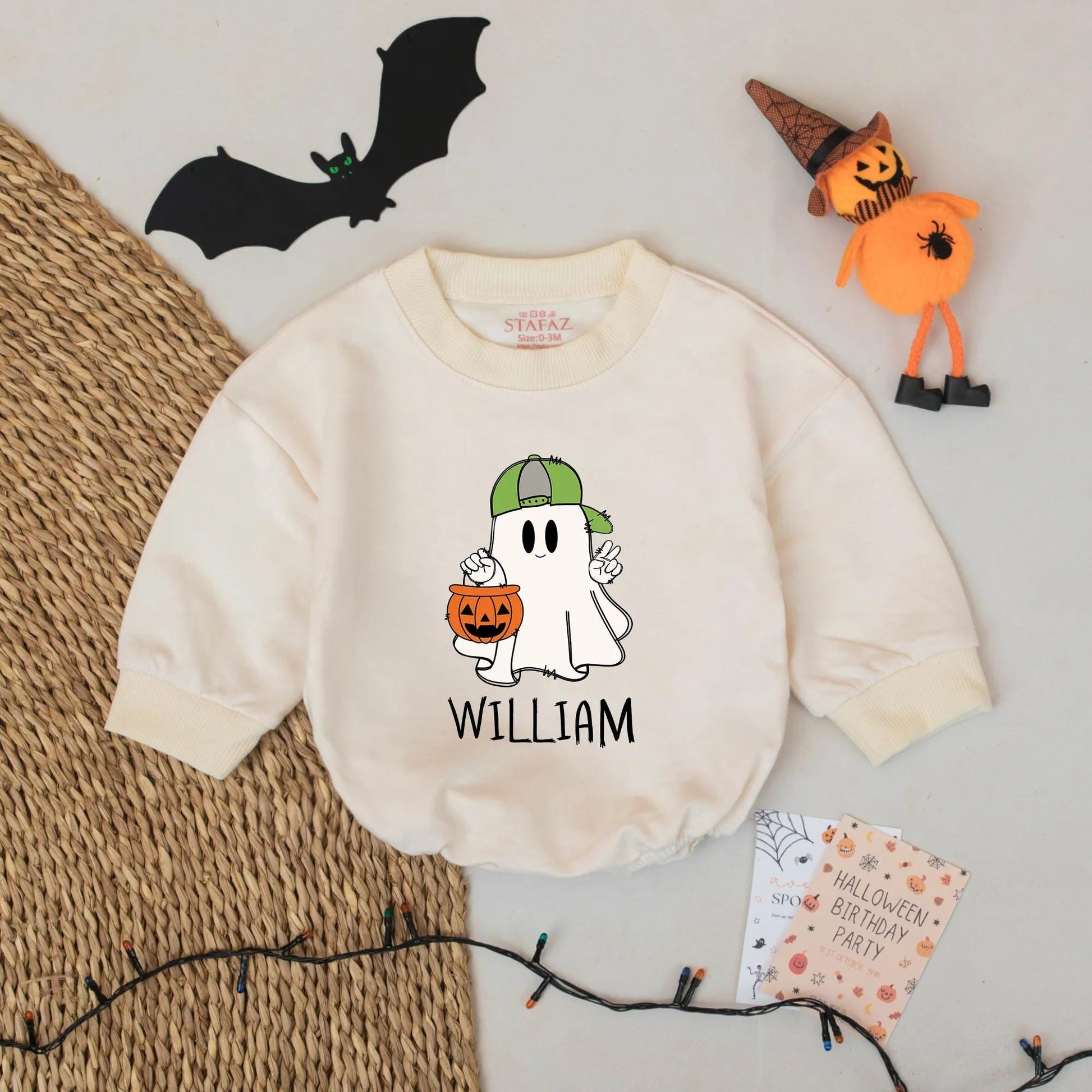 Personalized Ghost Romper: William's First Halloween! Cute Spooky Baby Outfit with Green Hat Pumpkin, Custom Name Bodysuit, Unique Spooky Season Gift
