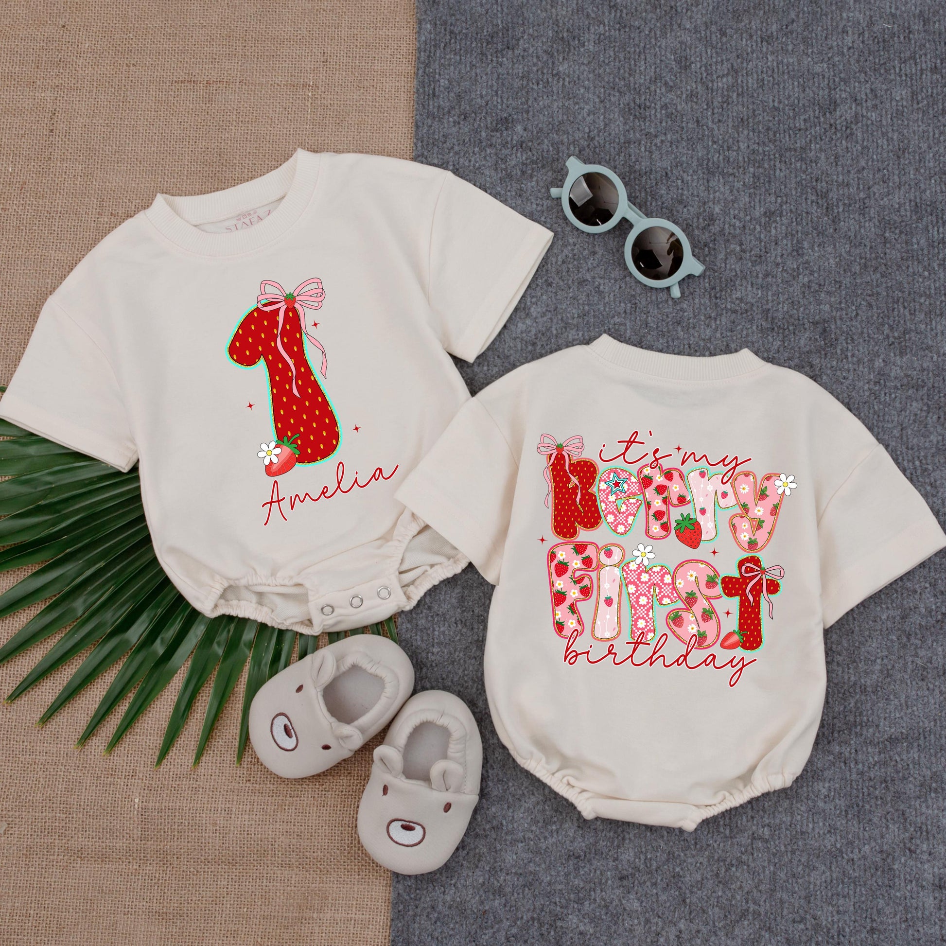 Custom Baby Girl 1st Birthday Strawberry Romper with Name It's My Berry First Birthday Outfit Pink Bow Green Leaf Summer Bubble One Piece Cheerful Celebration