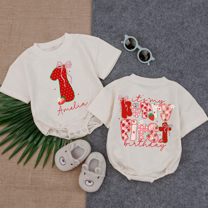 Custom Baby Girl 1st Birthday Strawberry Romper with Name It's My Berry First Birthday Outfit Pink Bow Green Leaf Summer Bubble One Piece Cheerful Celebration
