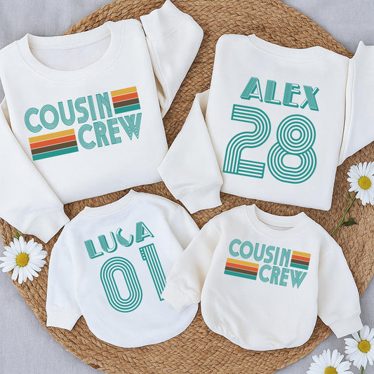 Custom Retro Cousin Crew Sweatshirts, Matching Family Vintage Teal Design, Baby Romper & Kids Clothes, 70s Style