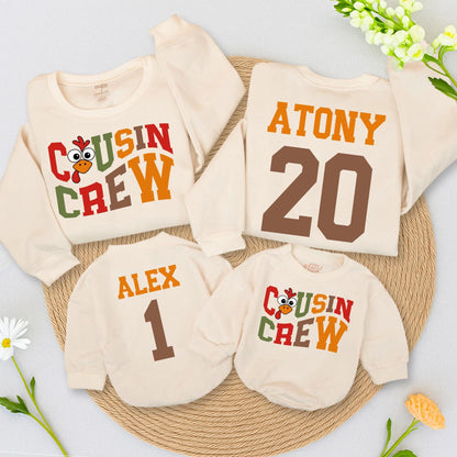 Thanksgiving Cousin Crew Sweatshirt & Turkey Baby Romper, Family Matching Fall Outfits Red/Green Design