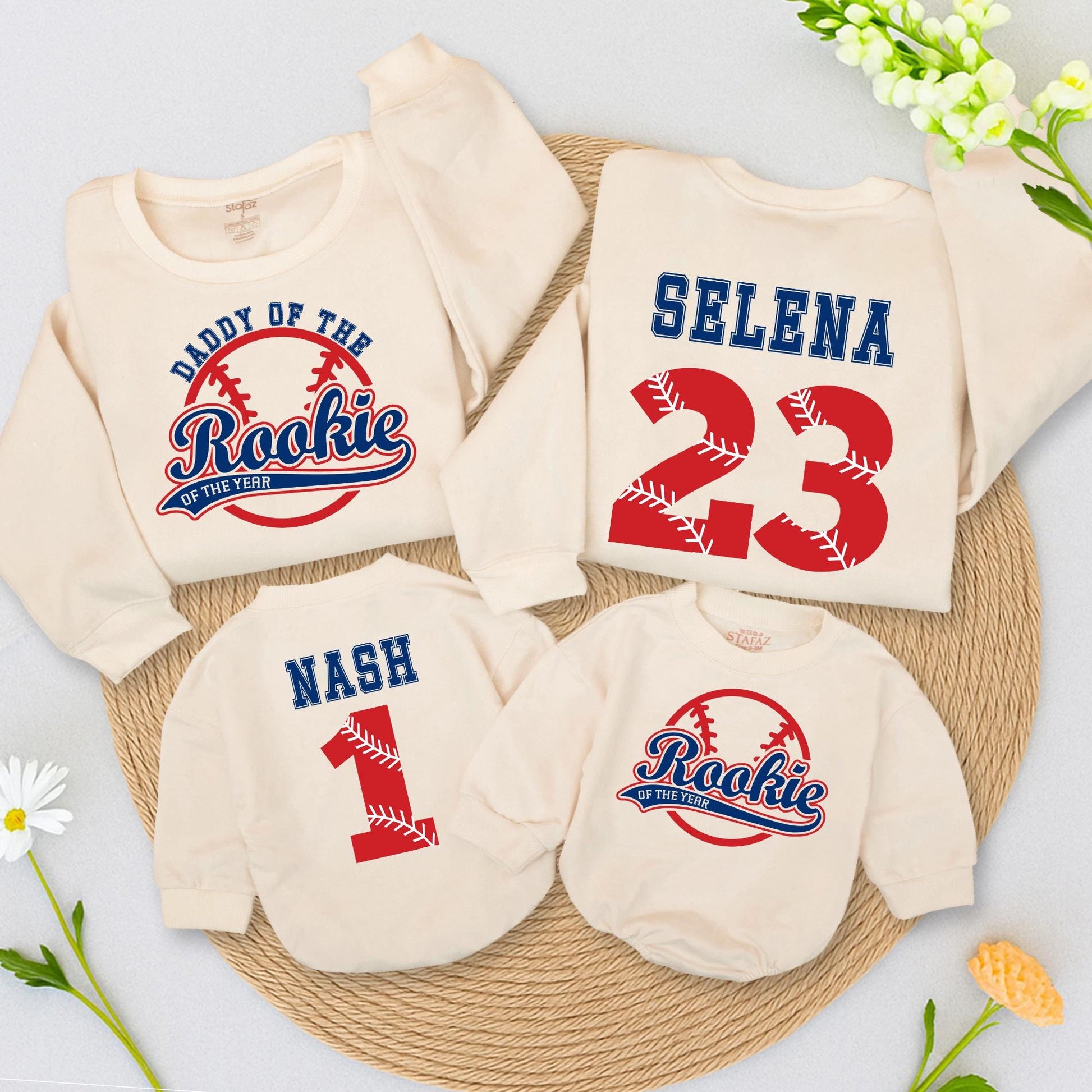 Rookie of the Year Baseball Birthday Sweatshirt, Daddy's Little MVP Outfit, Custom Name & Number 1st Birthday Party Shirt, Blue and Red Design (137 chars)