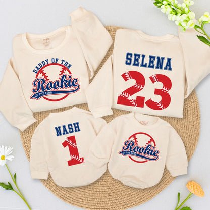 Rookie of the Year Baseball Birthday Sweatshirt, Daddy's Little MVP Outfit, Custom Name & Number 1st Birthday Party Shirt, Blue and Red Design (137 chars)