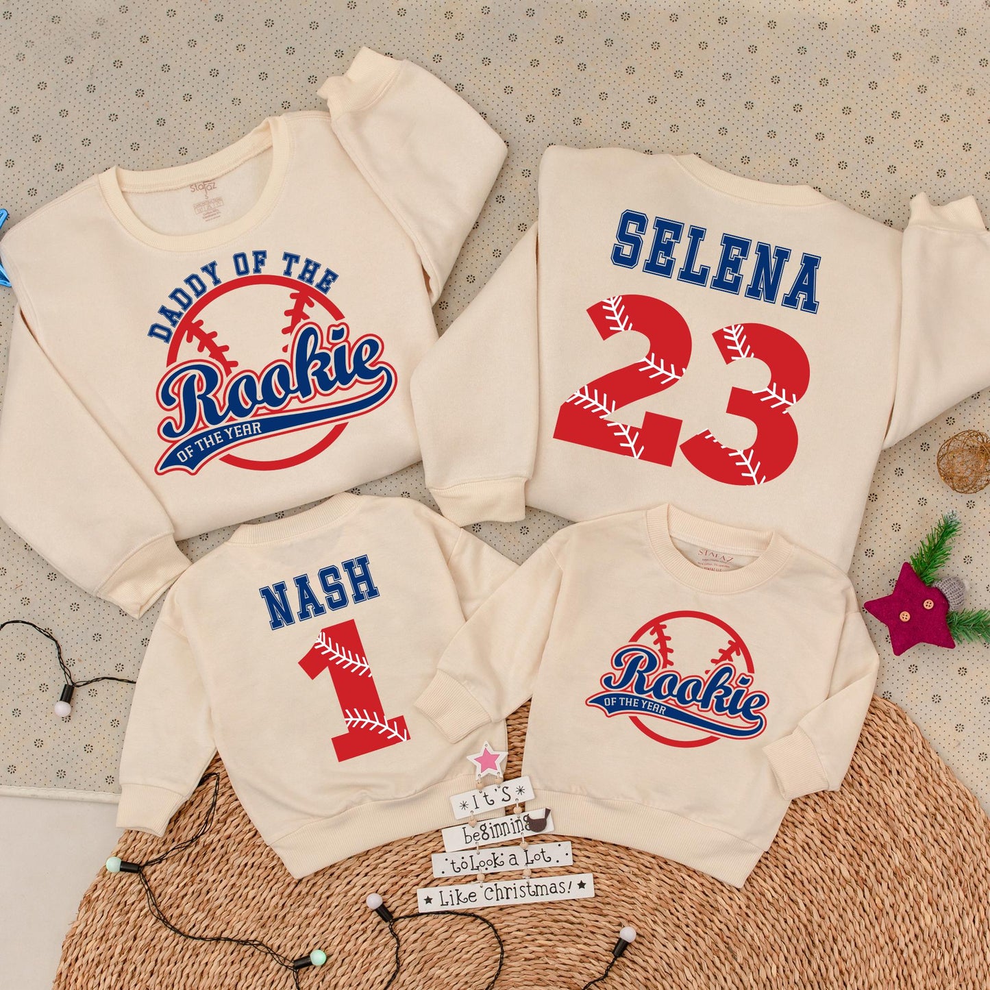 Rookie of the Year Baseball Birthday Sweatshirt, Daddy's Little MVP Outfit, Custom Name & Number 1st Birthday Party Shirt, Blue and Red Design (137 chars)