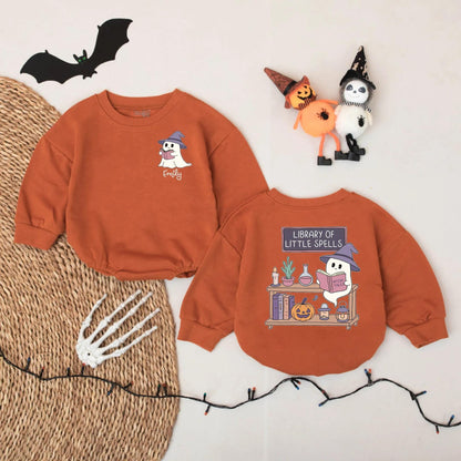 Ghost Reading Baby Romper Personalized Halloween Outfit for Book Loving Babies Custom Name Gift