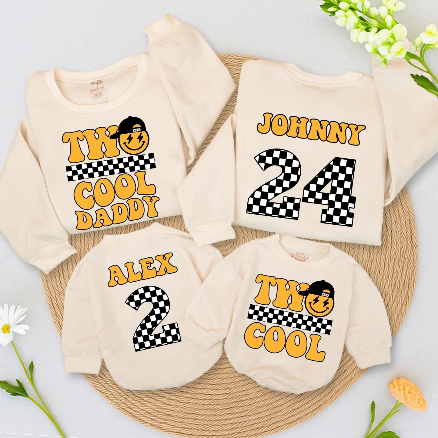 Personalized Retro Two Cool Birthday Sweatshirt Matching Family Outfits Vintage Smiley Face Lightning Bolts Yellow Orange