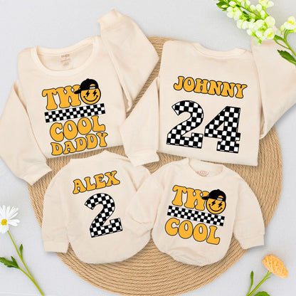 Personalized Retro Two Cool Birthday Sweatshirt Matching Family Outfits Vintage Smiley Face Lightning Bolts Yellow Orange