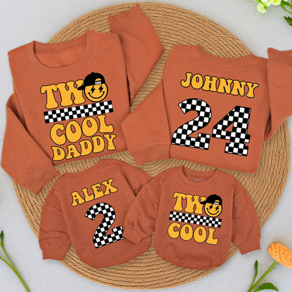 Personalized Retro Two Cool Birthday Sweatshirt Matching Family Outfits Vintage Smiley Face Lightning Bolts Yellow Orange
