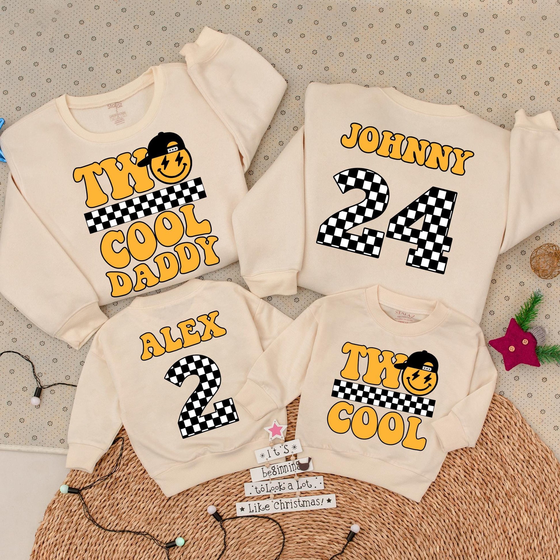 Personalized Retro Two Cool Birthday Sweatshirt Matching Family Outfits Vintage Smiley Face Lightning Bolts Yellow Orange