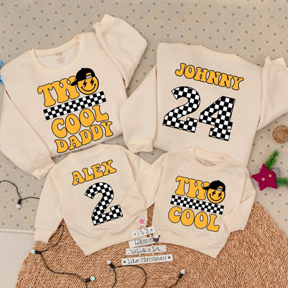 Personalized Retro Two Cool Birthday Sweatshirt Matching Family Outfits Vintage Smiley Face Lightning Bolts Yellow Orange