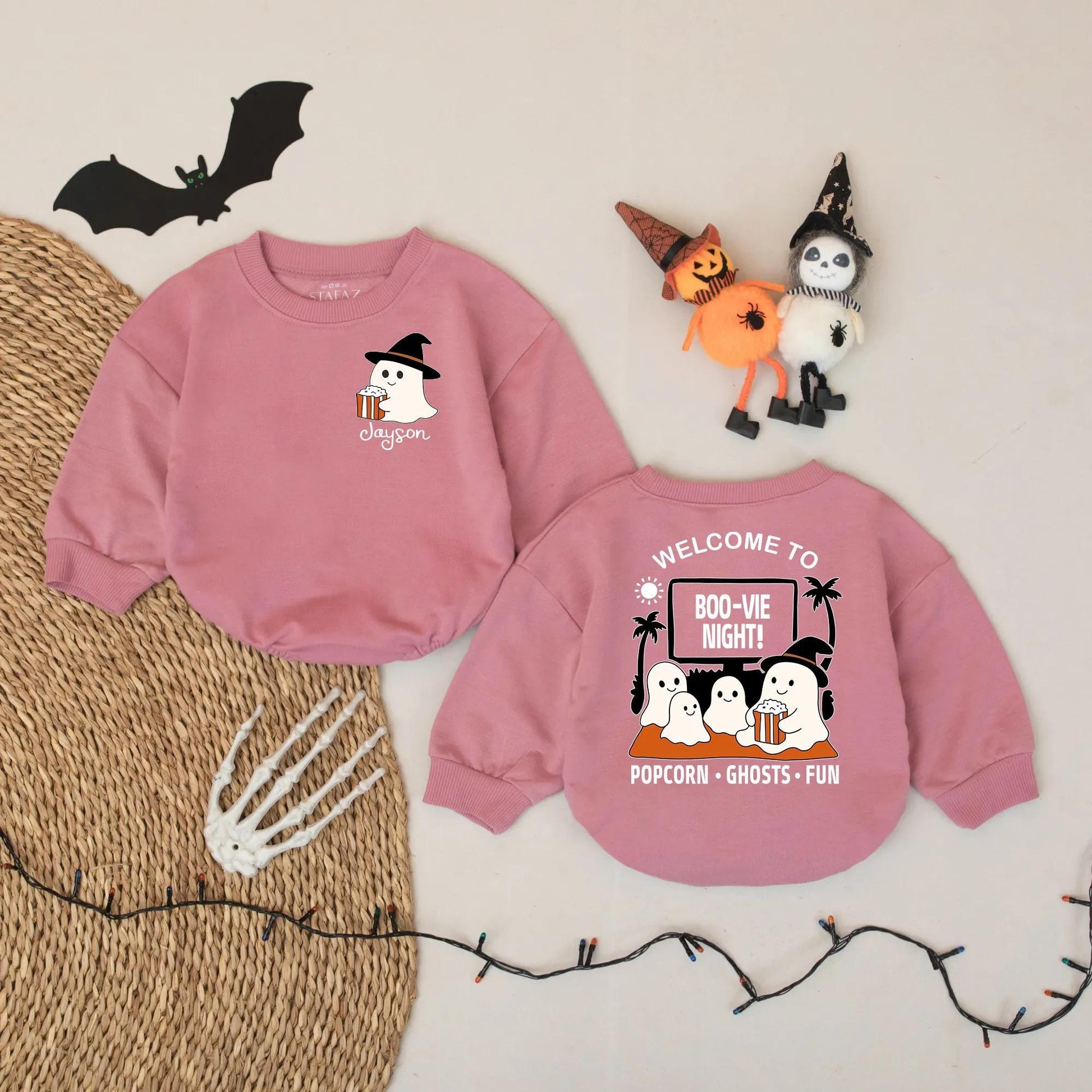 Custom Name Ghost Popcorn Movie Night Baby Romper Cute Halloween Spooky Boo-vie Party Infant Bodysuit Cozy Child Friendly Gift