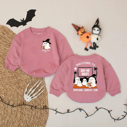 Custom Name Ghost Popcorn Movie Night Baby Romper Cute Halloween Spooky Boo-vie Party Infant Bodysuit Cozy Child Friendly Gift