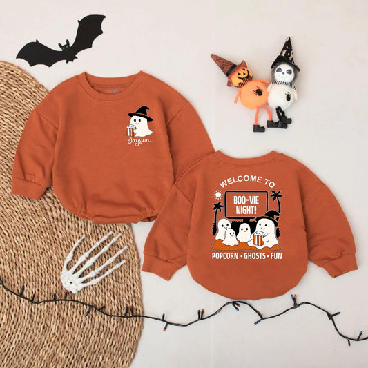 Custom Name Ghost Popcorn Movie Night Baby Romper Cute Halloween Spooky Boo-vie Party Infant Bodysuit Cozy Child Friendly Gift
