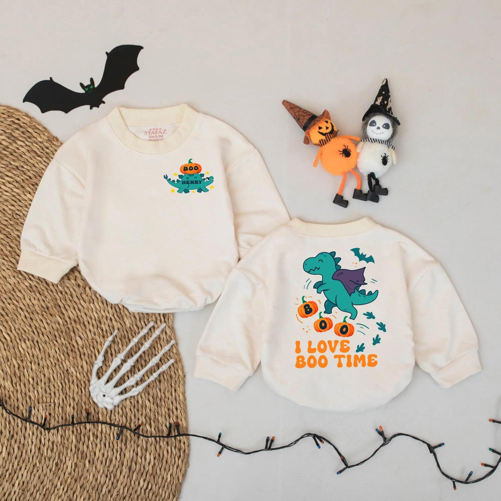 Personalized Dino Pumpkin Baby Romper Custom Name Halloween Costume Fall Outfit for Infant Toddler