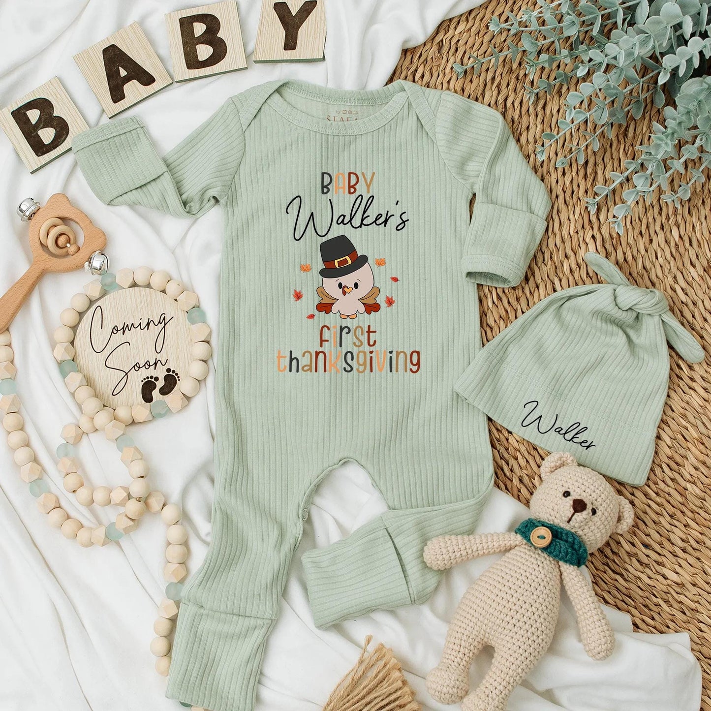 Personalized Baby's First Thanksgiving Cute Turkey Bodysuit Custom Fall Season Outfit Thanksgiving Gift for Baby