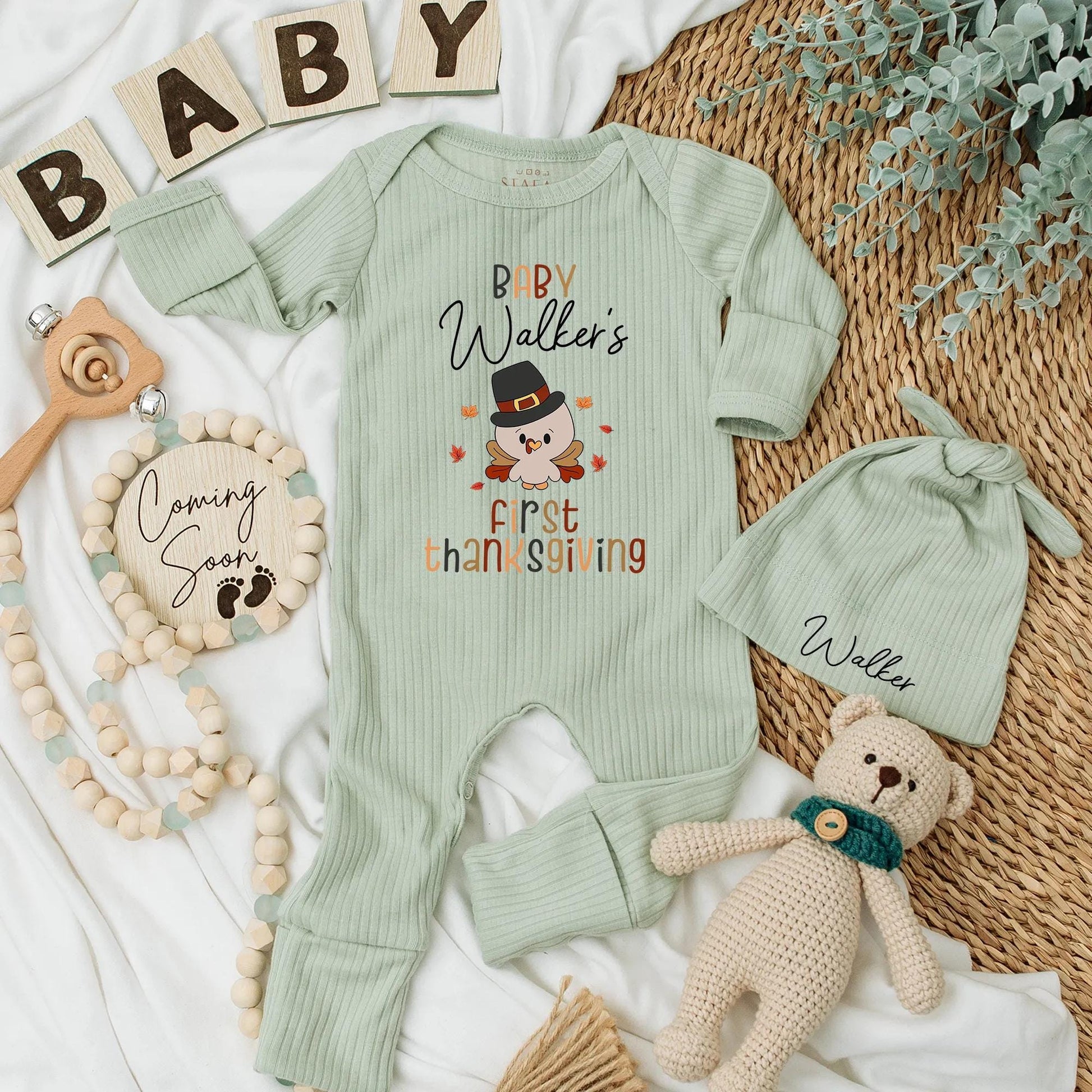 Personalized Baby's First Thanksgiving Cute Turkey Bodysuit Custom Fall Season Outfit Thanksgiving Gift for Baby