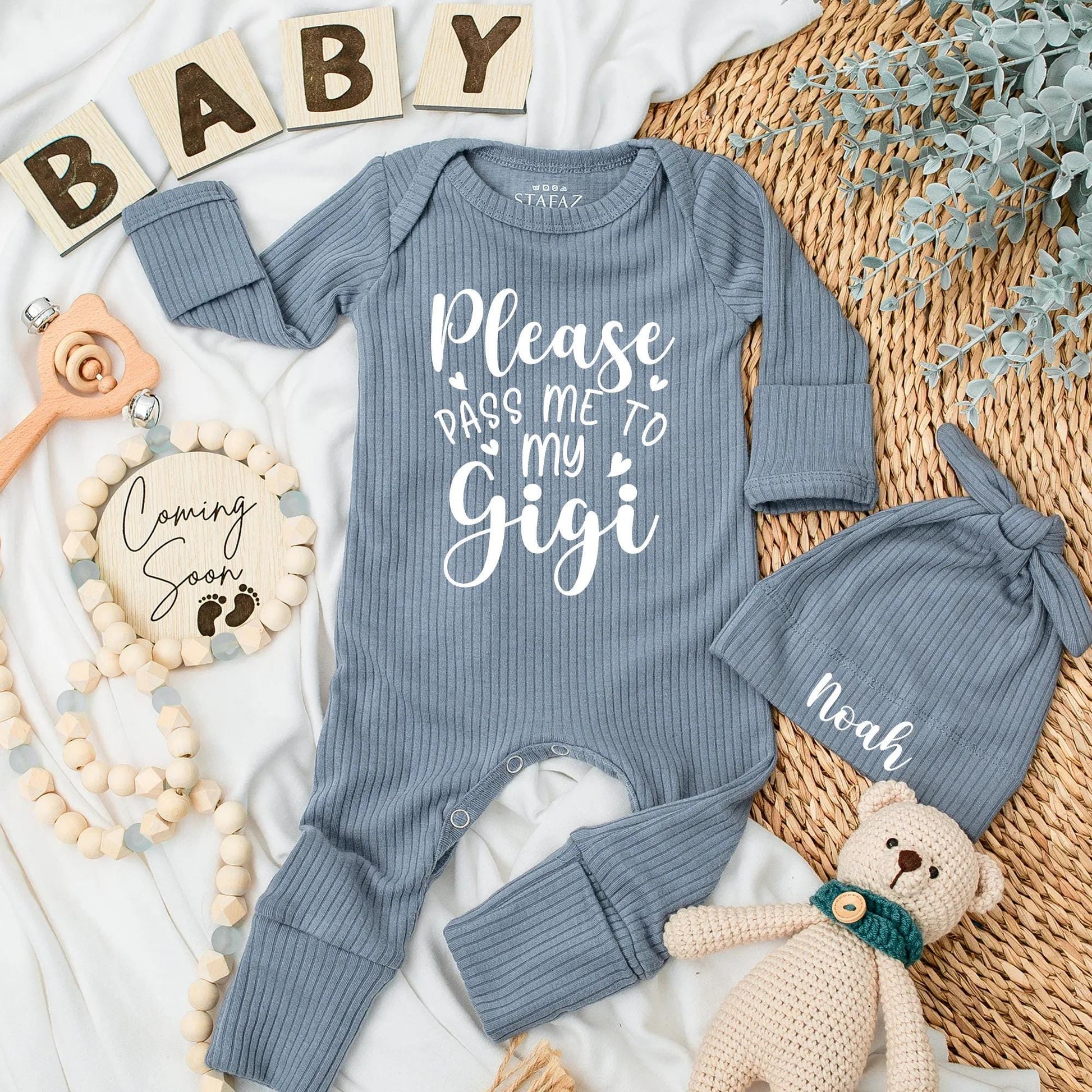 Custom Please Pass Me to My Gigi Baby Bodysuit Romper Grandchild Gift Newborn Outfit for Grandma Baby Shower Present