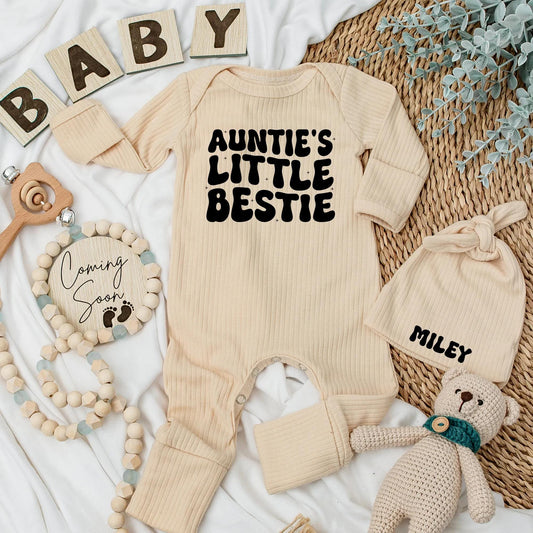 Auntie's Little Bestie Baby Bodysuit Cute Newborn Outfit Funny Aunt Gift for Niece Nephew Personalized Romper