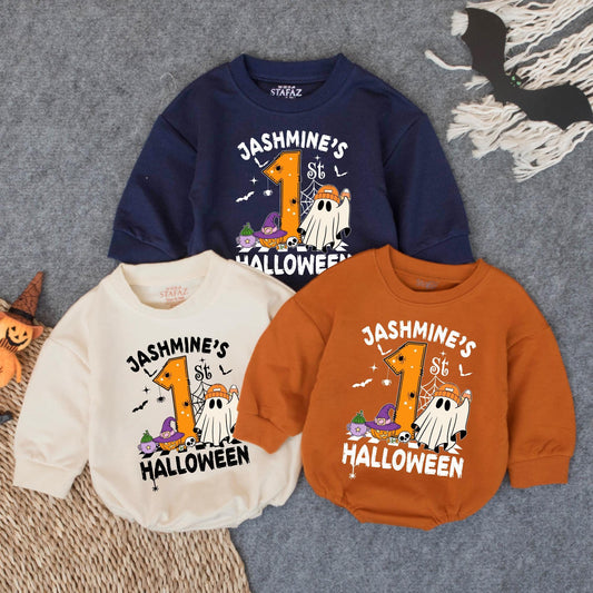 Customized My First Halloween Boy Bubble Romper Baby’s 1st Spooky Outfit Cute Pumpkin Ghost Oversized Bodysuit Fall Baby Boy Costume