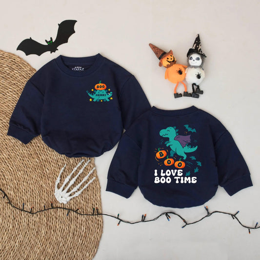 Personalized Dino Pumpkin Baby Romper Custom Name Halloween Costume Fall Outfit for Infant Toddler