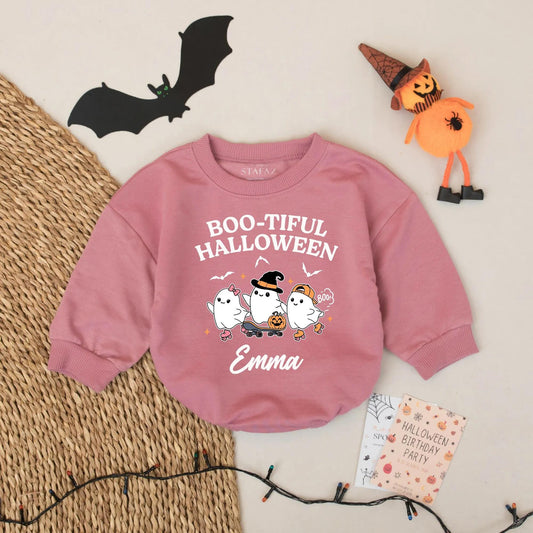 Boo-tiful Halloween Romper for Baby Girls with Skating Ghosts Personalized with Emma's Name Adorable Fall Outfit