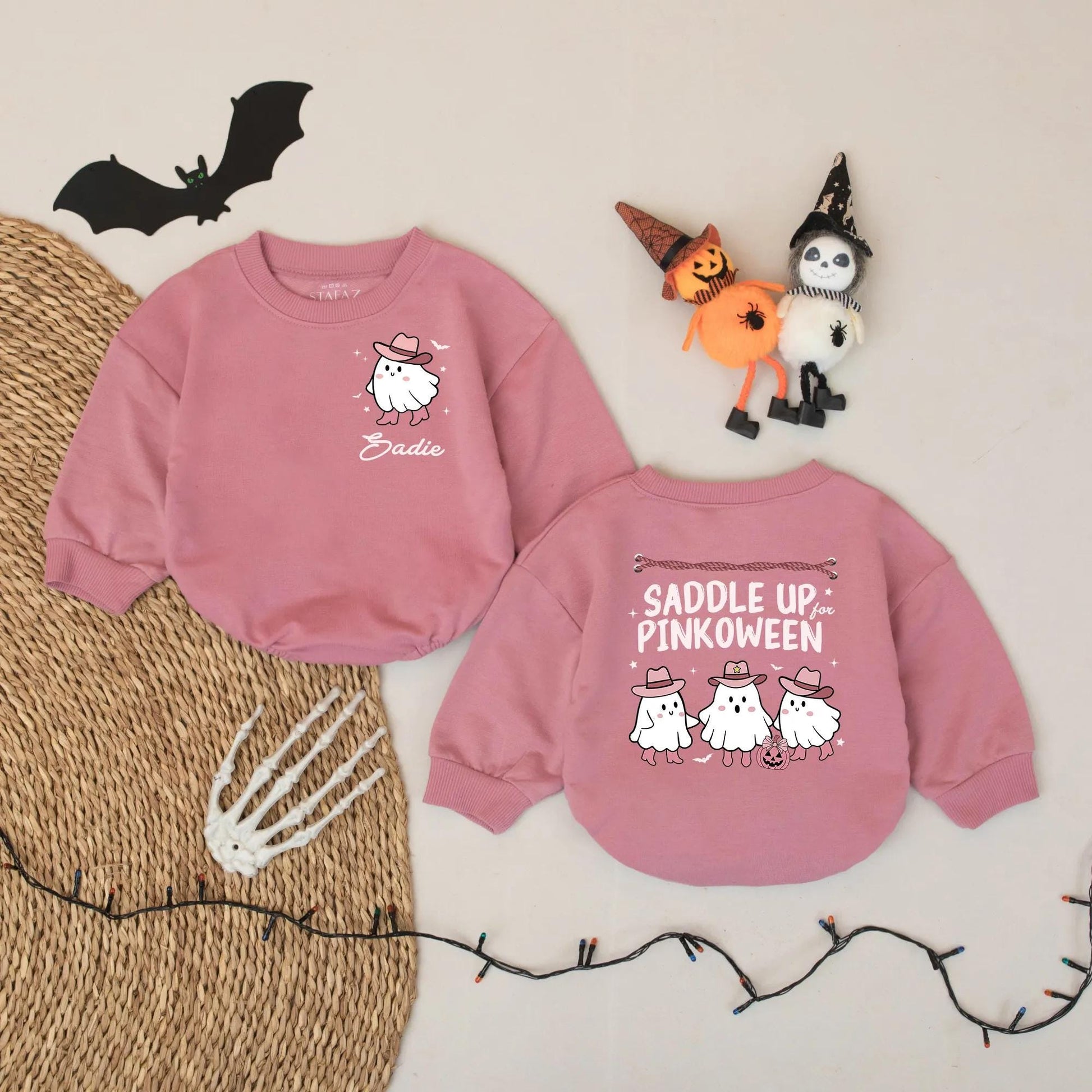 Personalized Baby Girl Pinkoween Romper Western Ghost Cowboy Hat Cute Halloween Outfit Saddle Up Boo Bodysuit with Stars Bats Pumpkin Design