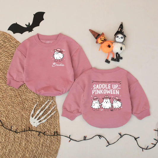 Personalized Baby Girl Pinkoween Romper Western Ghost Cowboy Hat Cute Halloween Outfit Saddle Up Boo Bodysuit with Stars Bats Pumpkin Design