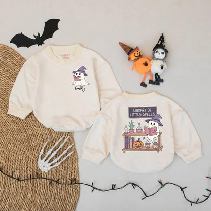 Ghost Reading Baby Romper Personalized Halloween Outfit for Book Loving Babies Custom Name Gift