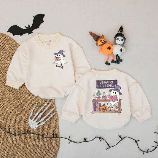 Ghost Reading Baby Romper Personalized Halloween Outfit for Book Loving Babies Custom Name Gift