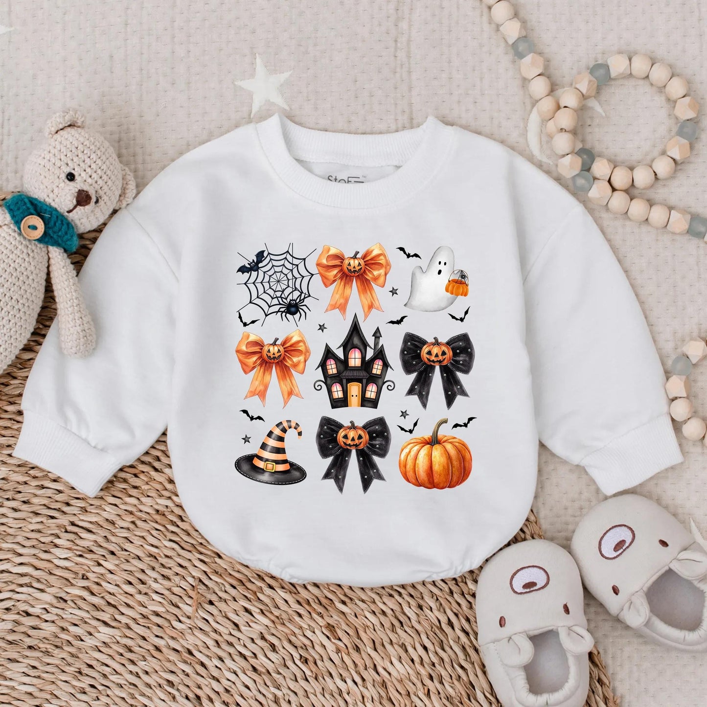 Custom Preppy Halloween Spooky Baby Ghost Bubble Romper with Cute Pumpkin Design Oversized Bodysuit Fall Infant Costume Outfit for Toddlers