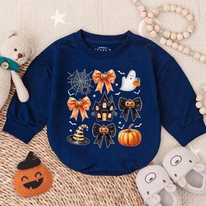 Custom Preppy Halloween Spooky Baby Ghost Bubble Romper with Cute Pumpkin Design Oversized Bodysuit Fall Infant Costume Outfit for Toddlers