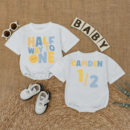 Personalized Sunshine Half Birthday Baby Romper Custom Name 6 Months Milestone Gift Bodysuit for Baby Boys Summer Sun Theme Outfit