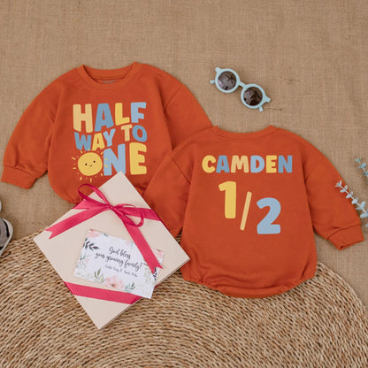 Personalized Sunshine Half Birthday Baby Romper Custom Name 6 Months Milestone Gift Bodysuit for Baby Boys Summer Sun Theme Outfit