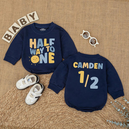Personalized Sunshine Half Birthday Baby Romper Custom Name 6 Months Milestone Gift Bodysuit for Baby Boys Summer Sun Theme Outfit