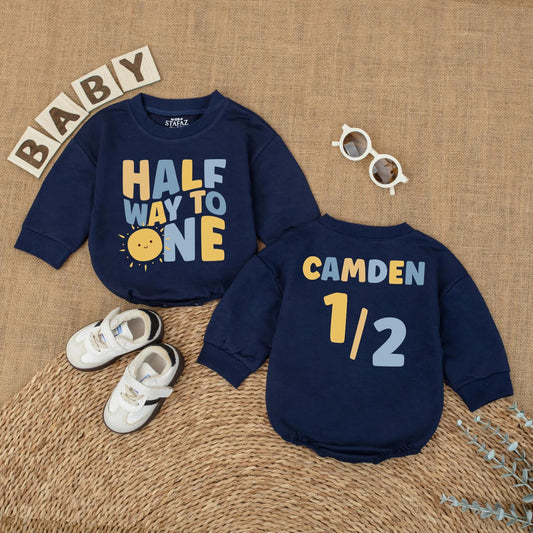 Personalized Sunshine Half Birthday Baby Romper Custom Name 6 Months Milestone Gift Bodysuit for Baby Boys Summer Sun Theme Outfit