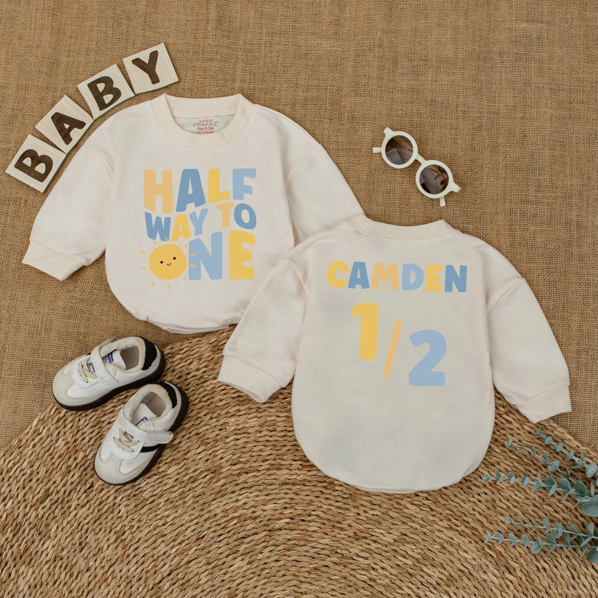 Personalized Sunshine Half Birthday Baby Romper Custom Name 6 Months Milestone Gift Bodysuit for Baby Boys Summer Sun Theme Outfit