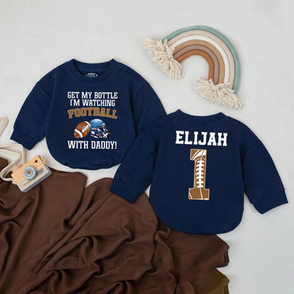 Personalized Baby Boy Football Romper Game Day Bodysuit featuring Get My Bottle I’m Watching Football With Daddy Quote Sports Outfit Cute Baby Shower Gift