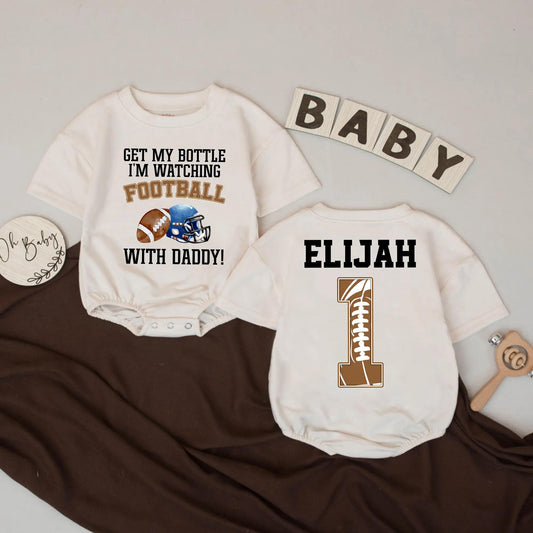 Personalized Baby Boy Football Romper Game Day Bodysuit featuring Get My Bottle I’m Watching Football With Daddy Quote Sports Outfit Cute Baby Shower Gift