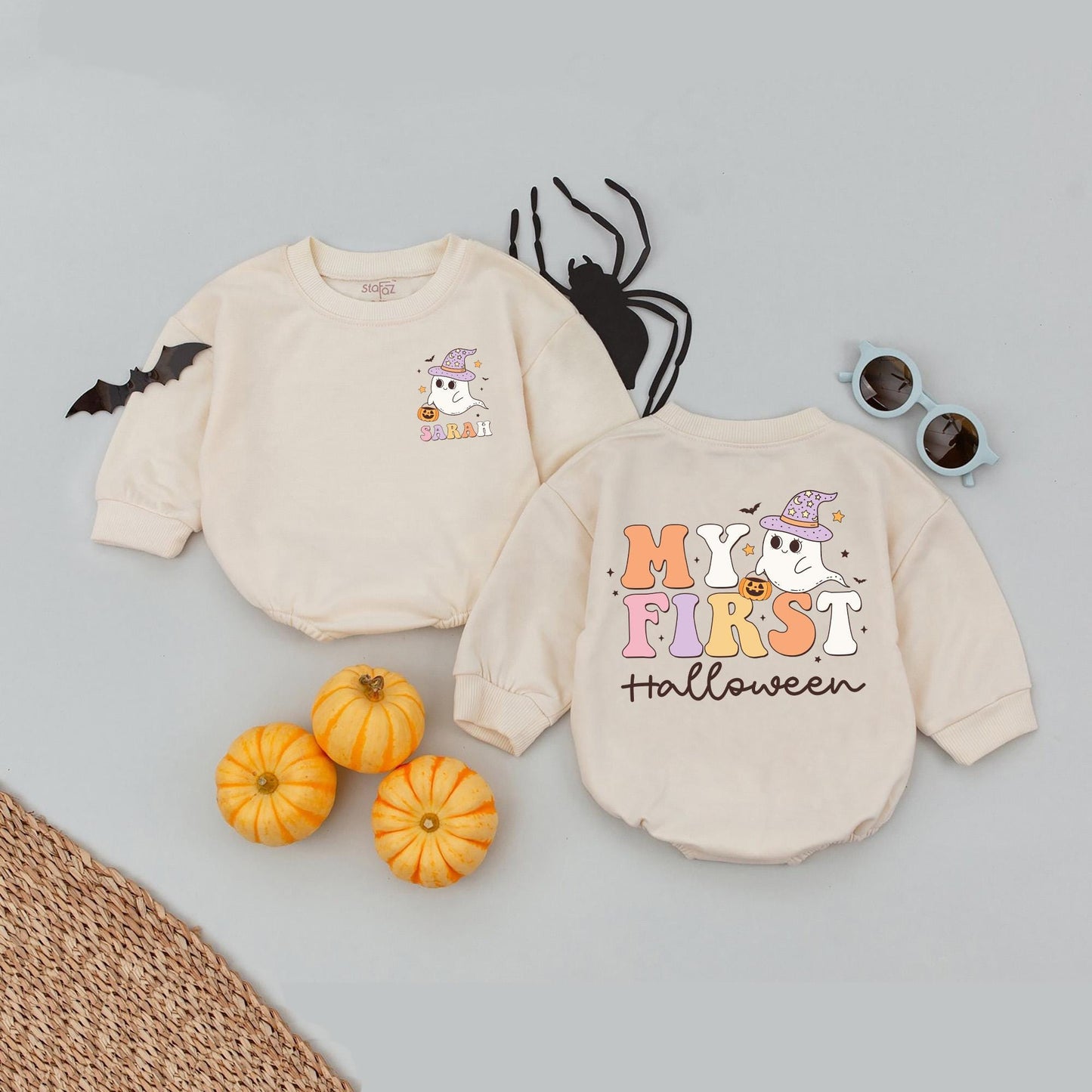 Custom Name My First Halloween Baby Romper, Pumpkin Bodysuit Outfit, Infant Fall Clothes, Retro Autumn Baby Gift, Spooky Season Wear (135 chars)