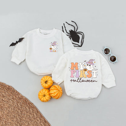 Custom Name My First Halloween Baby Romper, Pumpkin Bodysuit Outfit, Infant Fall Clothes, Retro Autumn Baby Gift, Spooky Season Wear (135 chars)