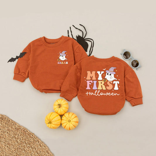 Custom Name My First Halloween Baby Romper, Pumpkin Bodysuit Outfit, Infant Fall Clothes, Retro Autumn Baby Gift, Spooky Season Wear (135 chars)