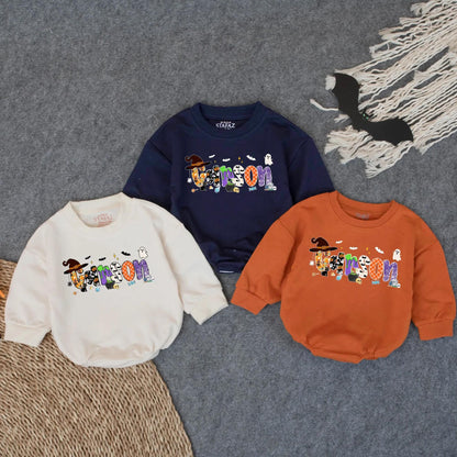 Personalized Baby Name Halloween Romper Sweatshirt, First Halloween Baby Bodysuit for Boy Girl Newborn Fall Outfit, Retro Bubble Romper Gift