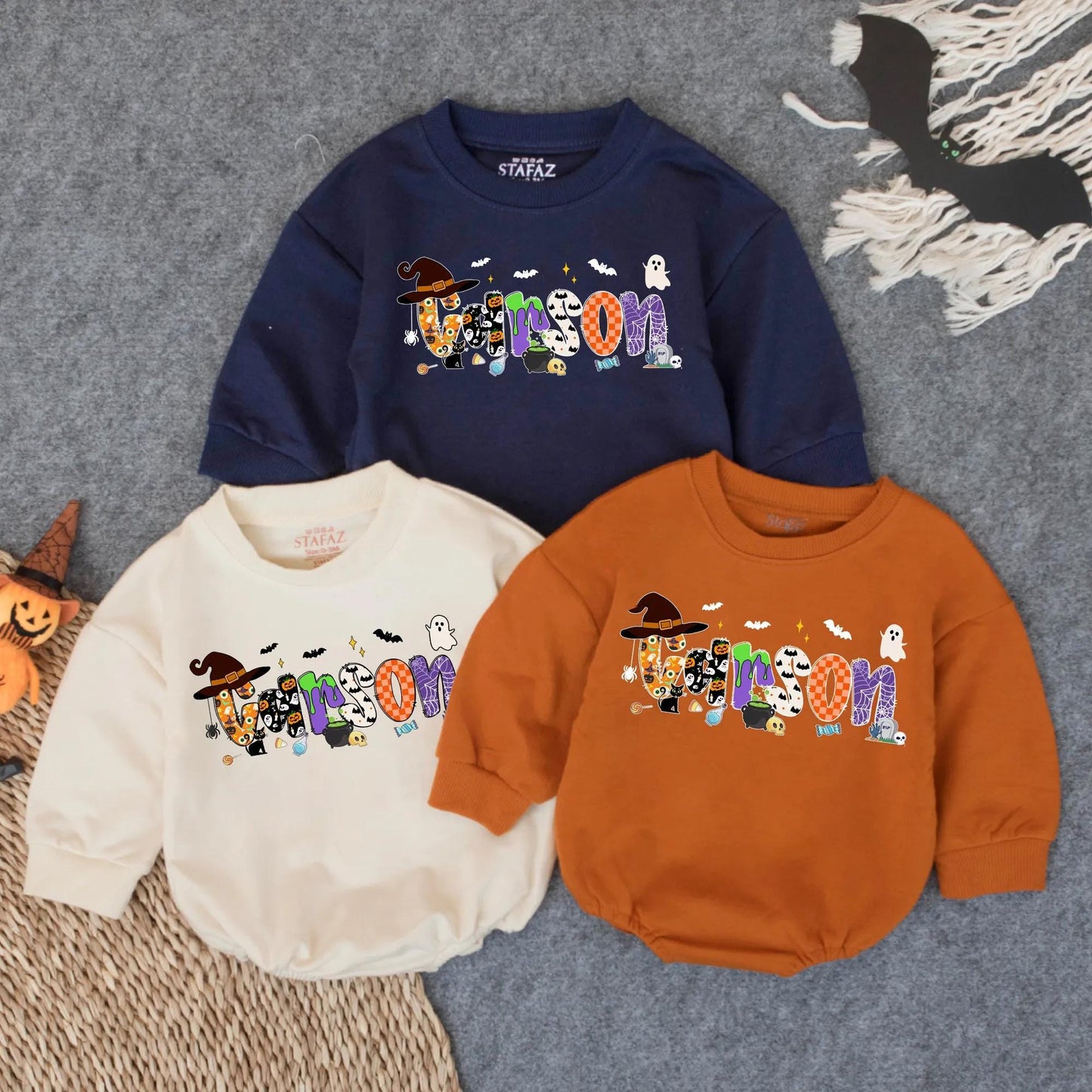 Personalized Baby Name Halloween Romper Sweatshirt, First Halloween Baby Bodysuit for Boy Girl Newborn Fall Outfit, Retro Bubble Romper Gift