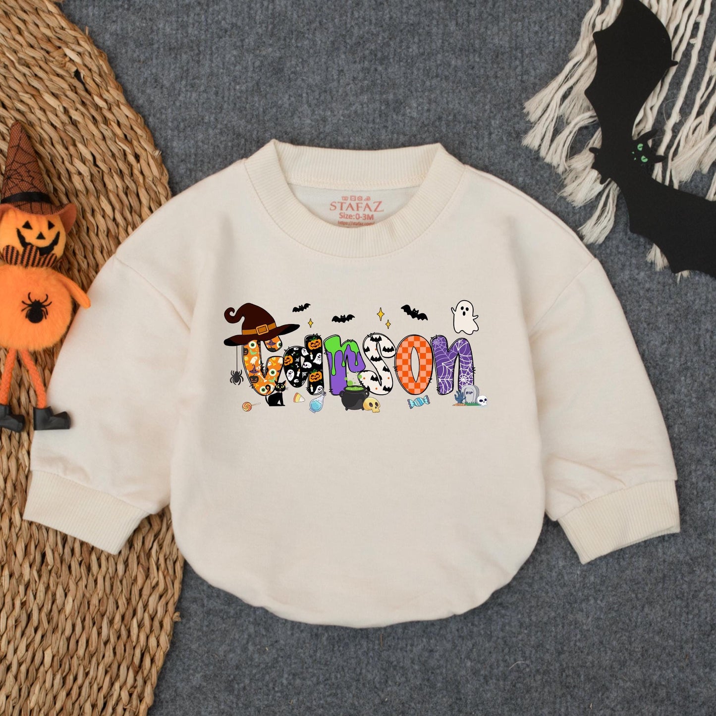 Personalized Baby Name Halloween Romper Sweatshirt, First Halloween Baby Bodysuit for Boy Girl Newborn Fall Outfit, Retro Bubble Romper Gift