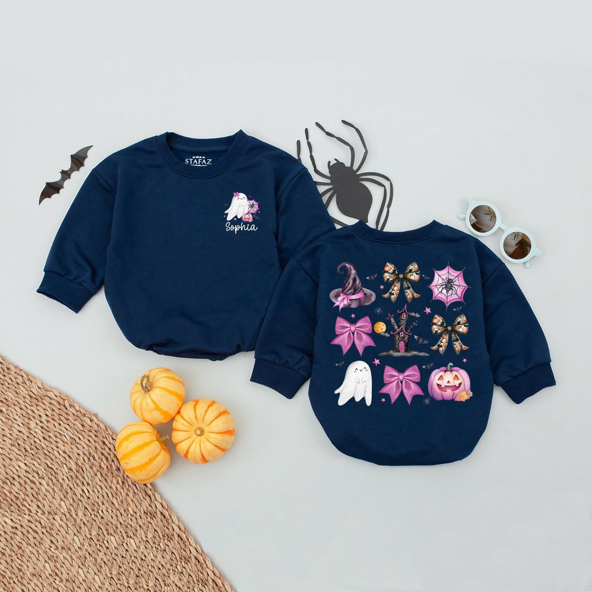 Custom Name Pink Pumpkin Girls Halloween Baby Romper Cute Ghost Bow Toddler Babysuit Birthday