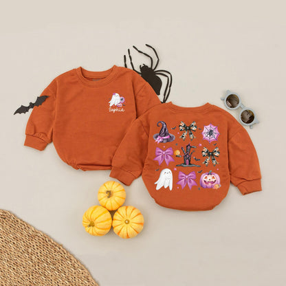 Custom Name Pink Pumpkin Girls Halloween Baby Romper Cute Ghost Bow Toddler Babysuit Birthday