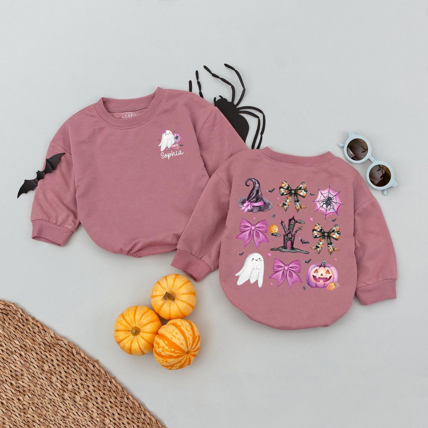 Custom Name Pink Pumpkin Girls Halloween Baby Romper Cute Ghost Bow Toddler Babysuit Birthday