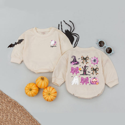Custom Name Pink Pumpkin Girls Halloween Baby Romper Cute Ghost Bow Toddler Babysuit Birthday