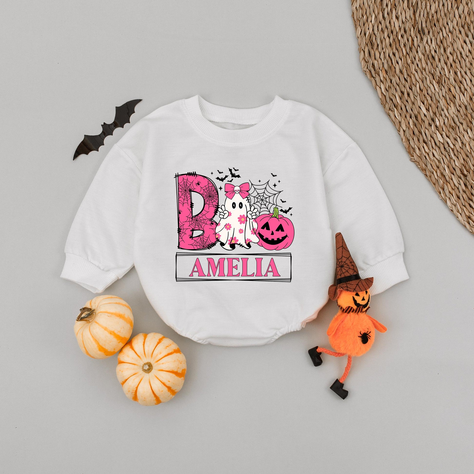 Custom Name Ghost Girls Halloween Boo Baby Romper, Retro Toddler Boo Shirt, Spooky Girl Babysuit, Personalized Ghost Girl Name
