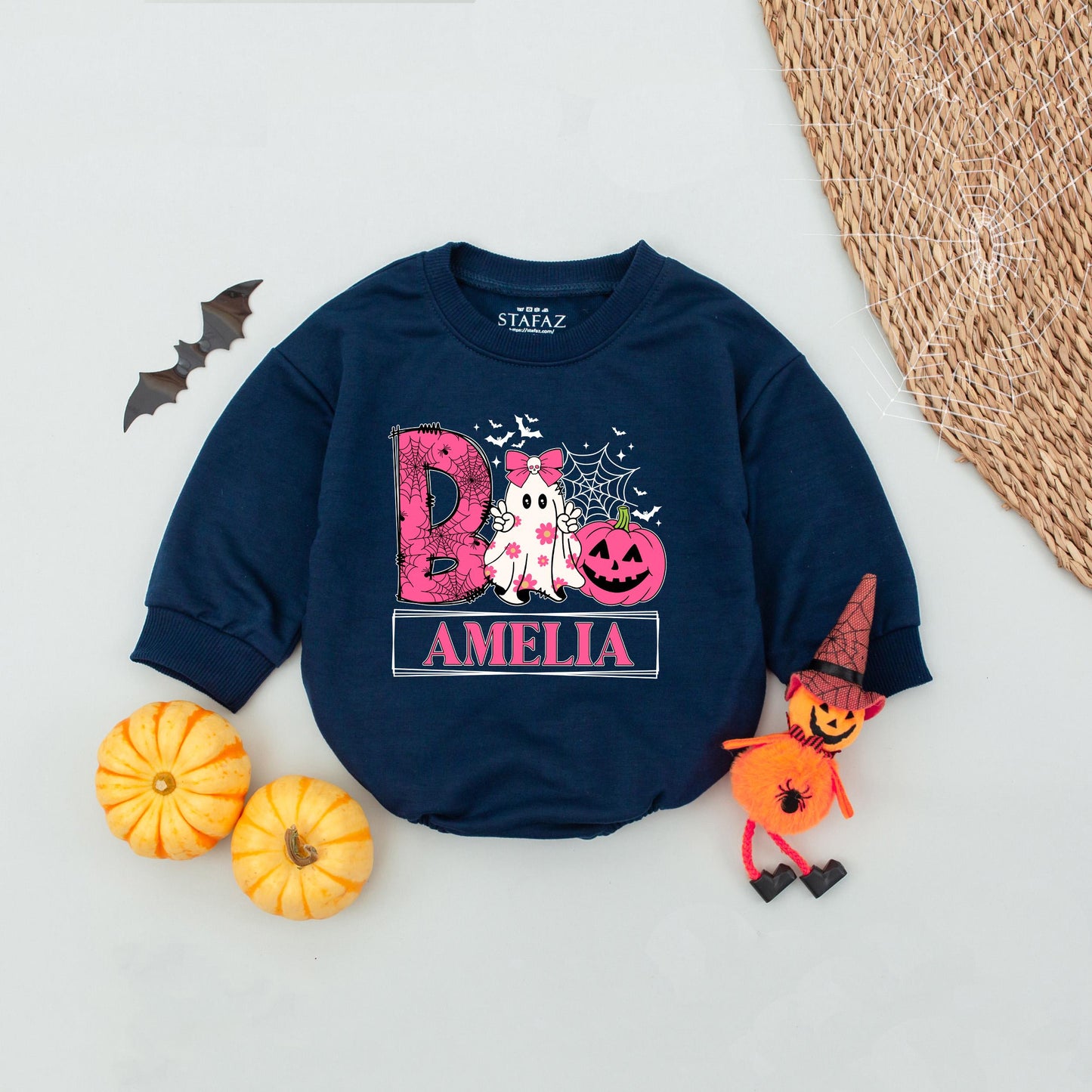 Custom Name Ghost Girls Halloween Boo Baby Romper, Retro Toddler Boo Shirt, Spooky Girl Babysuit, Personalized Ghost Girl Name